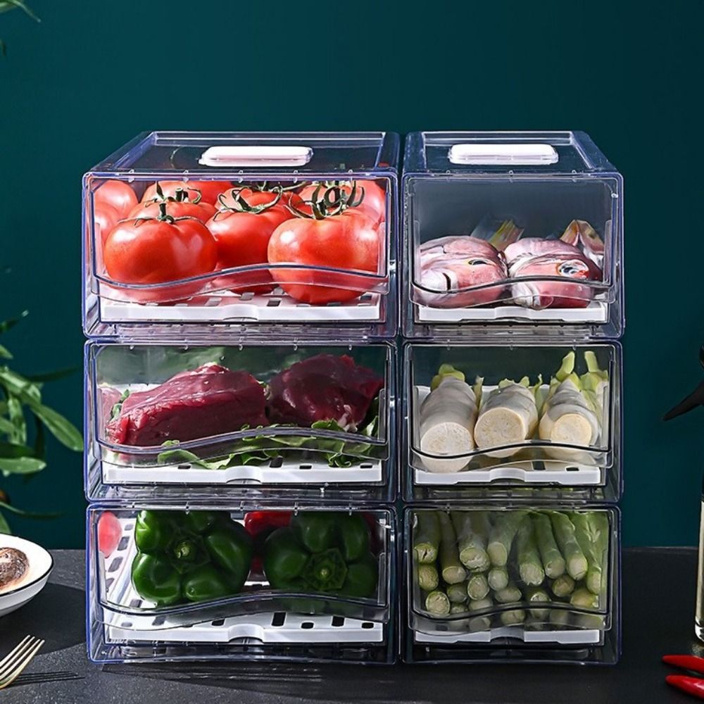 Food Storage Frozen - プラスチック製引き出し式鮮度保持ボックス 透明 積み重ね可能 食品冷凍保存ボックス 水切りトレイ付き 大容量