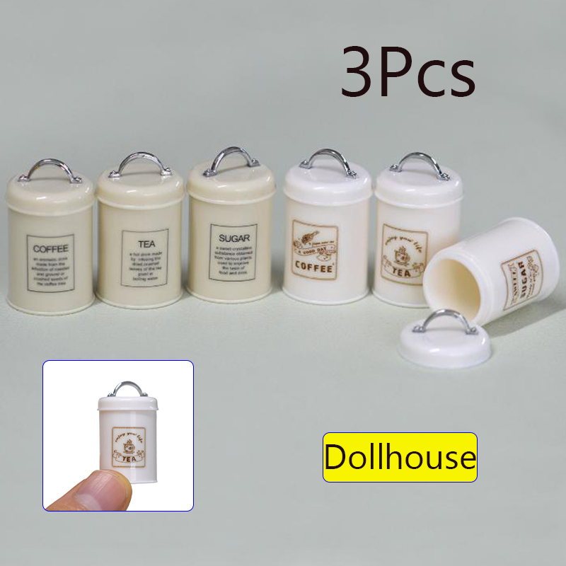 Food Storage Plastic - 3 個ミニチュアドールハウスミニ食品/紅茶/コーヒー缶ラウンド収納ボトルモデル人形シーン装飾アクセサリー