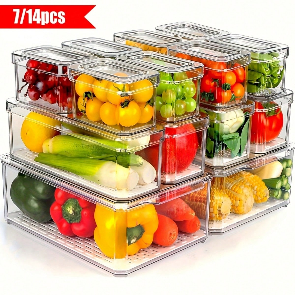 Food Storage In Cabinets - 7個/14個セットの積み重ね可能な冷蔵庫用収納ボックス（蓋付き）、果物、野菜、スナック、シリアル用の省スペース食品保存容器、冷蔵庫、キッチン、キャビネット用の多目的収納オーガナイザー、卒業、誕生日、パーティー、結婚式の理想的なギフト