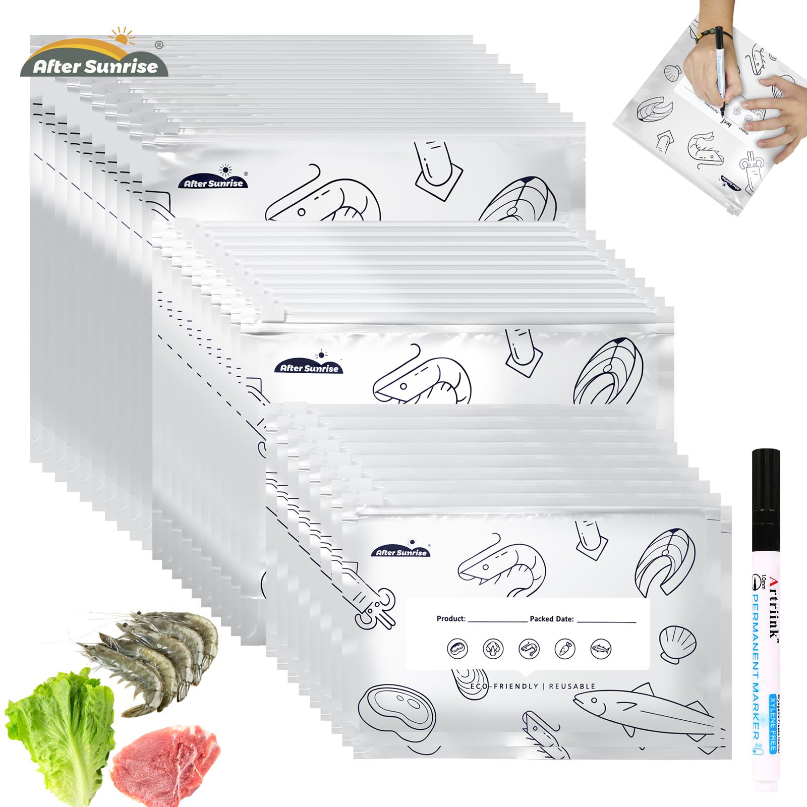 Food Storage Labels - 【冷蔵食品用】再利用可能なアルミホイル製密封保存袋、Aftersunrise 2026年新発売の食品用再封可能な真空ジッパーポーチ、ラベルとジップロック付きの野菜・果物・肉用自立型アルミホイル密封袋