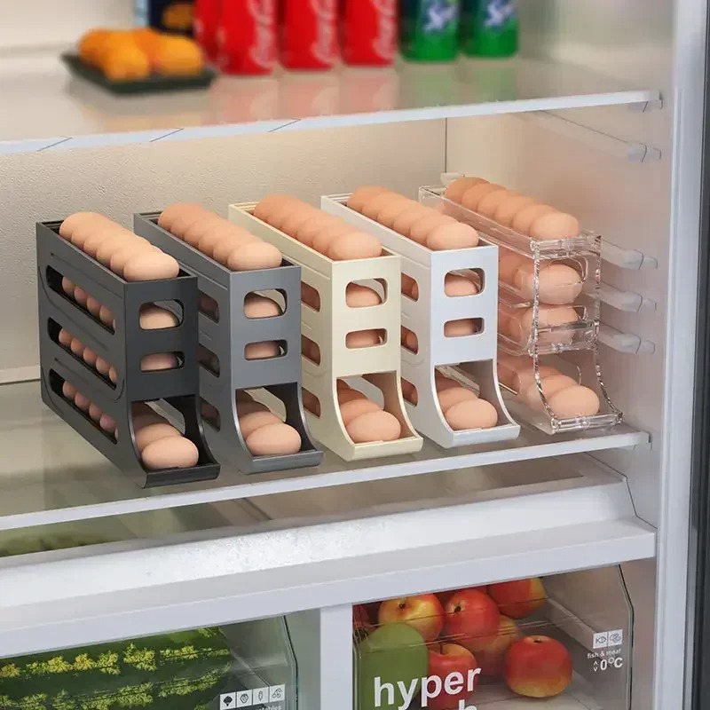Egg Storage Holder - 冷蔵庫用卵収納ボックス 4層式 自動回転卵ホルダー キッチン冷蔵庫用卵ディスペンサー 冷蔵庫オーガナイザー
