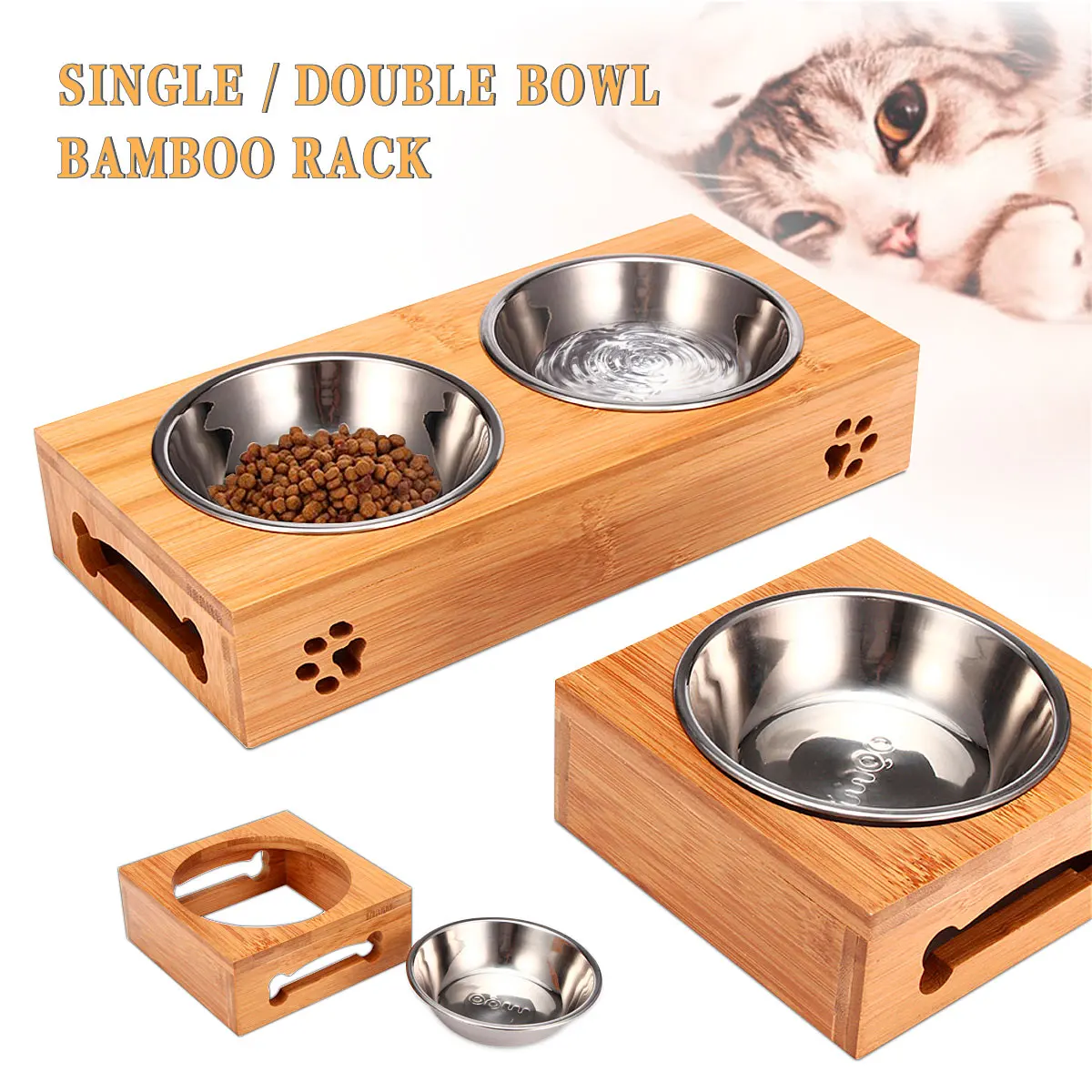 Food Storage Food Safety - ペット用猫ボウル、クマ型竹製プレート、ダブルボウル、天然素材で耐久性があり安全な木製ステンレス製猫犬用ユーティリティダブルボウル