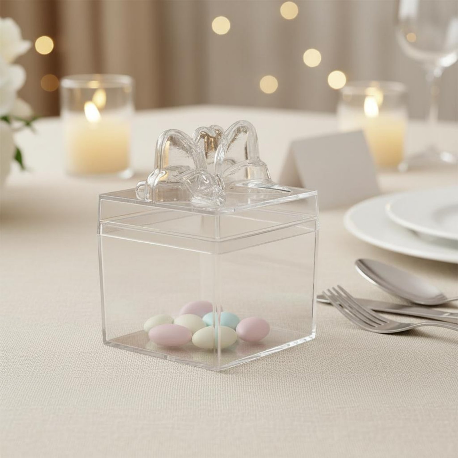 Food Storage Plastic - 透明プラスチック製キャンディボックス、リボン付き多目的透明キャンディボックス、ミニキューブ容器、食品グレード、小物収納