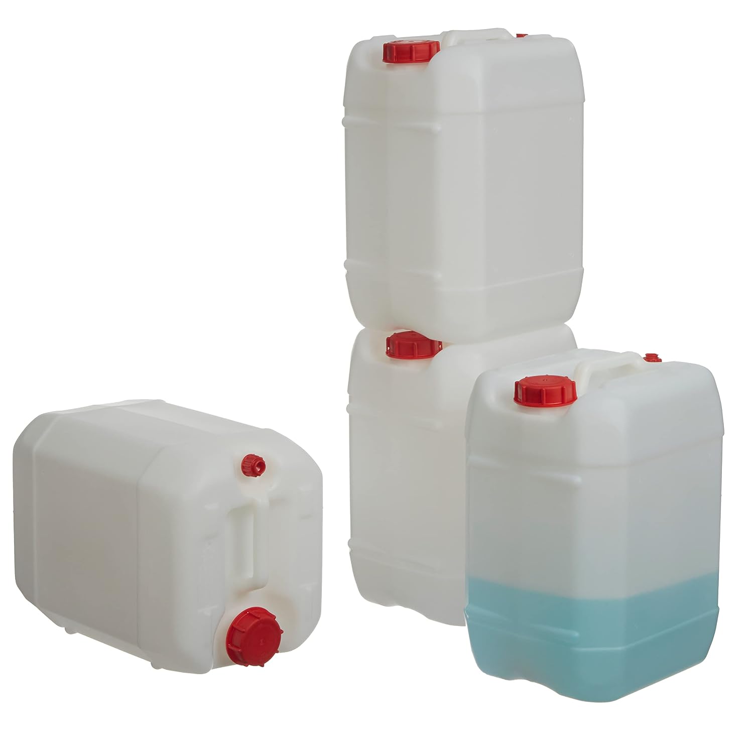 Food Storage Plastic - 5ガロン積み重ね可能なプラスチックカーボーイコンテナ、漏れ防止ガスケット付きキャップ、頑丈な内蔵ハンドル、高耐久性HDPE食品グレード液体保存用ジャグ、ナチュラルホワイト、4個パック