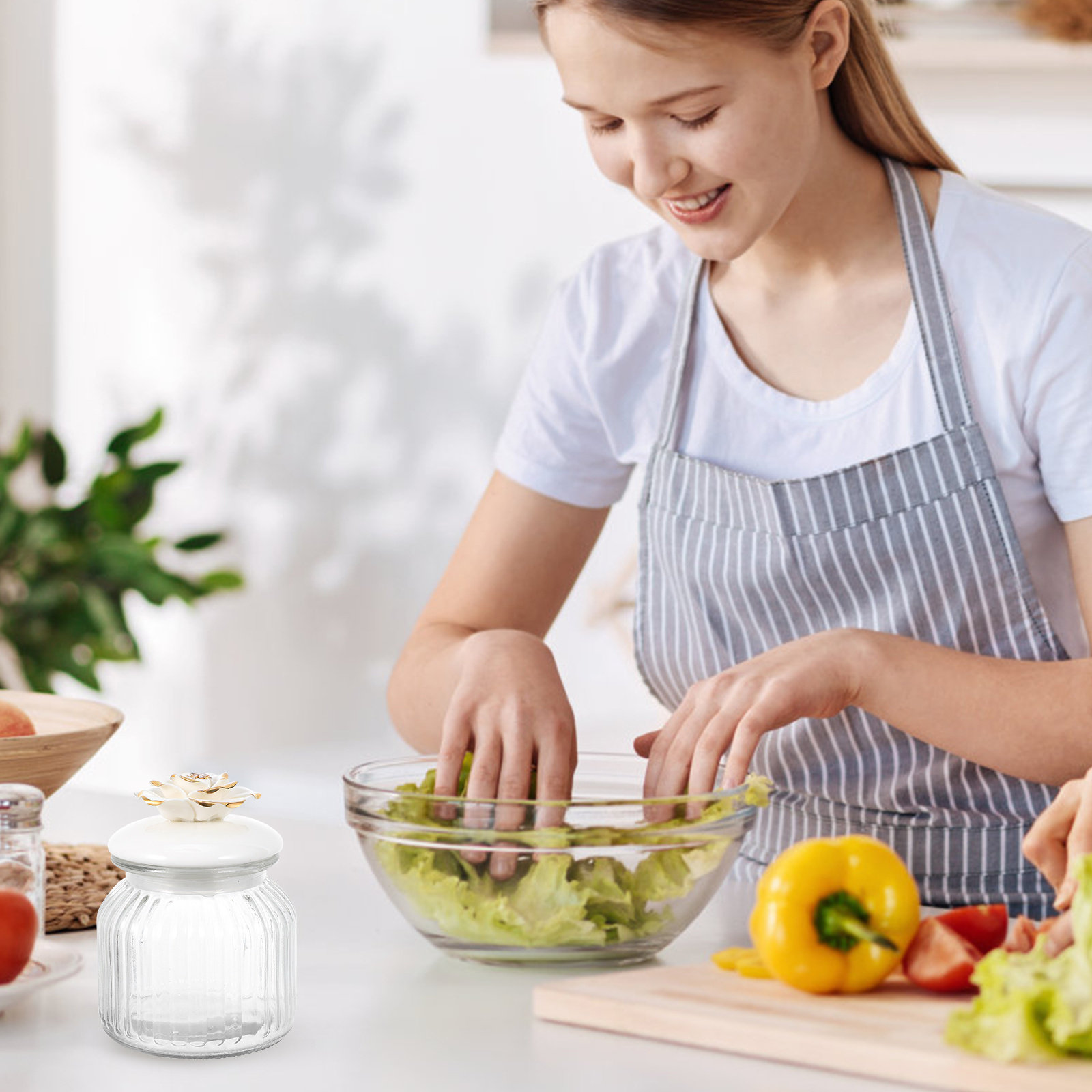 Food Storage Jar Glass - 透明ガラス保存容器 セラミック蓋 密閉型 キッチン食品保存容器 コーヒー、紅茶、穀物、粉ミルク用 家庭用保存容器