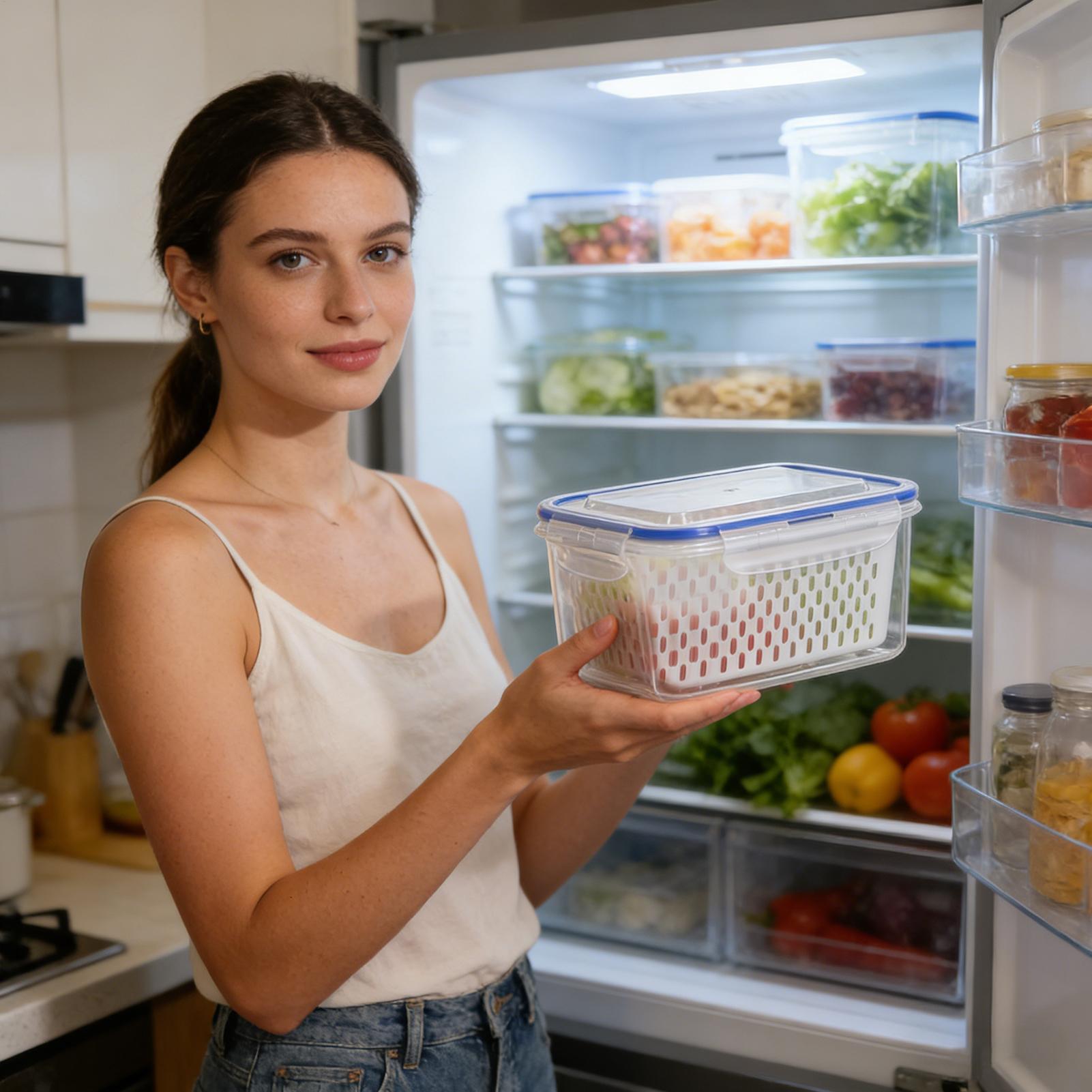 Food Storage With Colander - 4-in-1漏れ防止フルーツ保存容器 透明オーガナイザーセット 取り外し可能な水切り付き 多用途洗浄＆保存ボウル