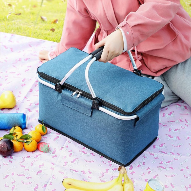 Food Storage Aluminum - アルミブラケット付きフラット折りたたみ式オックスフォードピクニックバスケット、内蔵フロントパッチポケット、省スペース折りたたみ式デザイン、裏庭パーティーロードトリップ用食品収納、家族向け屋外パーティーオーガナイザー