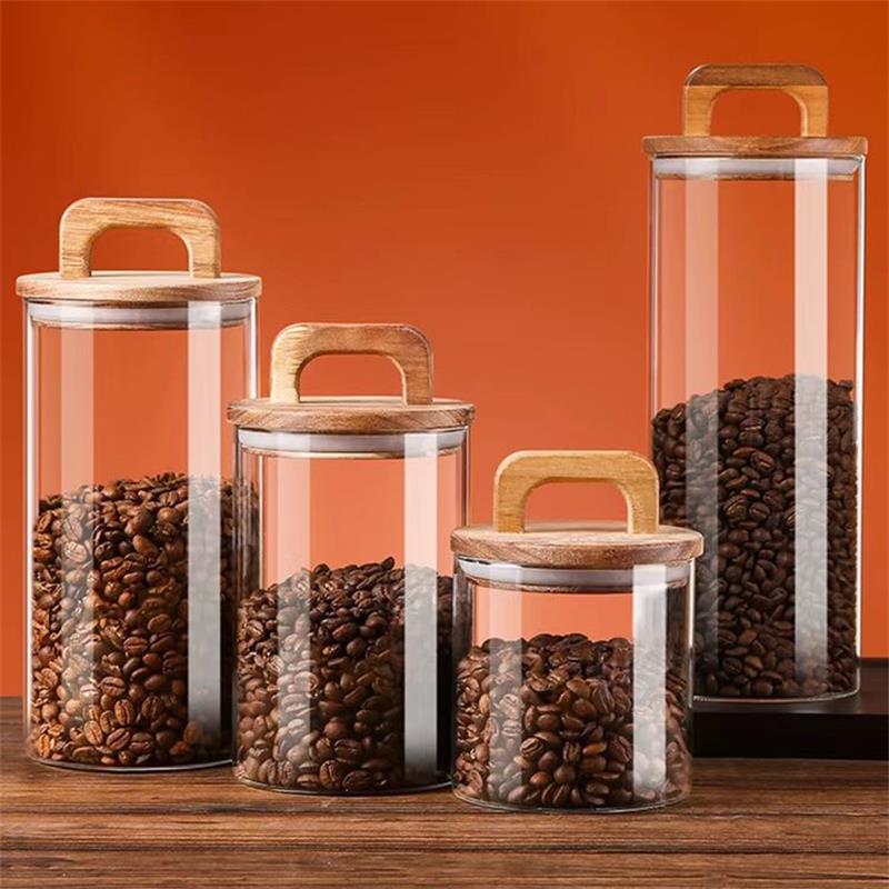 Food Storage Jar Glass - 透明なガラス瓶 竹蓋付き 密封キャニスター 食品保存容器 ルースティー コーヒー豆