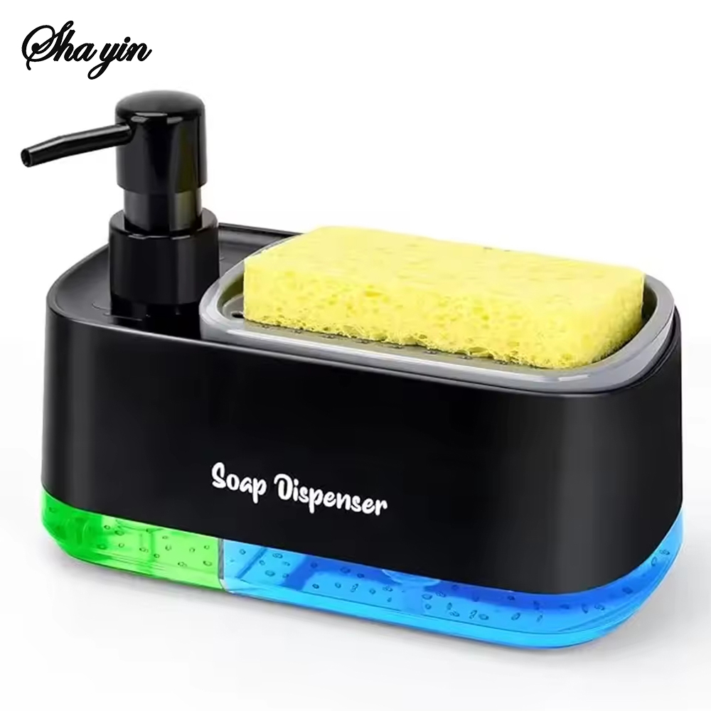 Food Storage Organiser - 3-in-1 ハンド＆ディッシュソープディスペンサーセット（スポンジホルダー付き）デュアルカウンターキッチンシンクソープポンプオーガナイザー