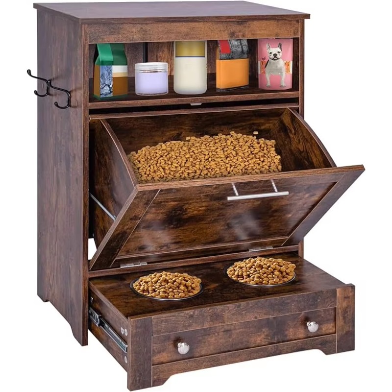Food Storage In Cabinets - モダンなペットフィーダーステーション：高さのある犬用フード収納キャビネット（高さのあるボウルと引き出し式デザイン付き）