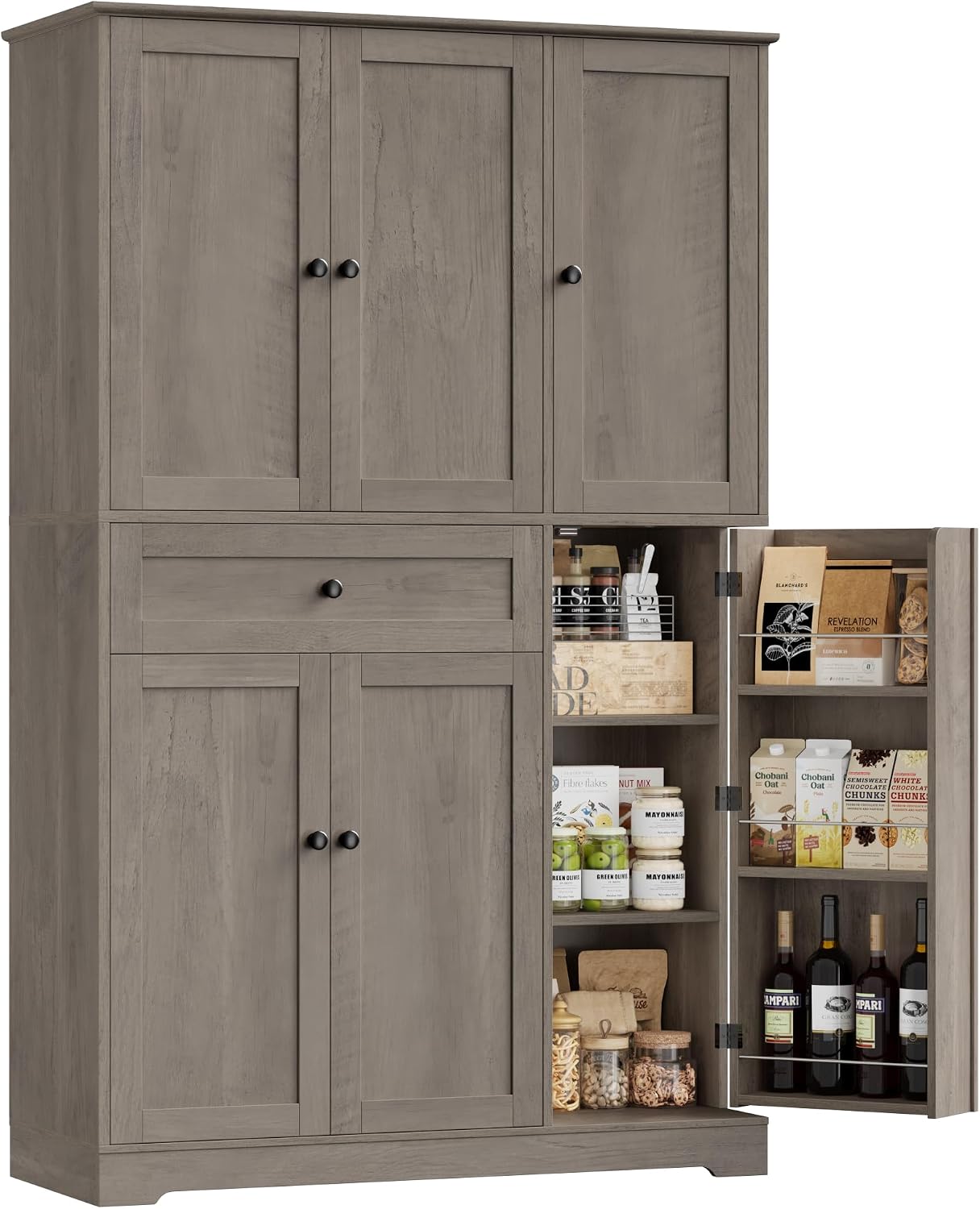 Food Storage In Cabinets - キッチンパントリー収納キャビネットカウンタートップディスプレイオーガナイザーホルダー収納ラックフレーム扉付き棚引き出し自立型食品収納食器棚ダイニングリビングルーム用アッシュグレー
