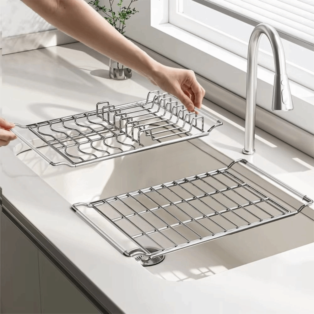 Food Storage Organiser - ステンレス製伸縮式ディッシュラック、防錆調整可能ボウル水切り棚、多機能フルーツ水切り、キッチンシンクオーガナイザー
