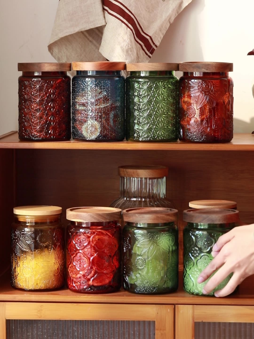 Food Storage With Colander - 木製の蓋付きのガラス製収納ジャー,気密,ヴィンテージ,クッキー,キャンディー,コーヒー,紅茶,キッチンパントリー