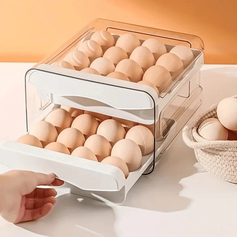 Egg Storage Holder - キッチン用卵収納ボックス 2層引き出し式 冷蔵庫用鮮度保持ホルダー 大容量プラスチック製オーガナイザーラック 家庭用カウンタートップキャビネット用