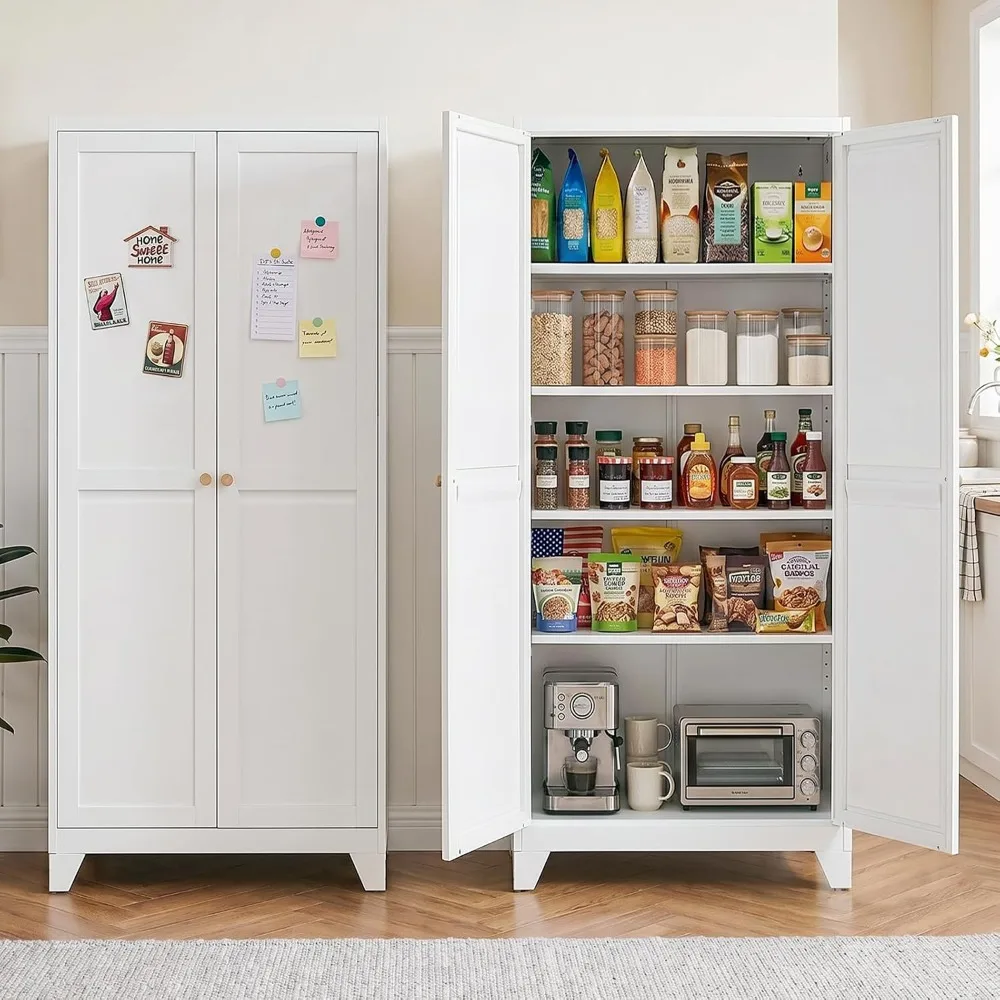 Food Storage In Cabinets - 71インチメタルキッチンパントリーキャビネット、デュアルハンドルと調節可能な脚付き、自立型収納キャビネット、扉と4つの調節可能な棚付き、キッチン/ダイニングルーム用背の高い食品パントリー、ホワイト