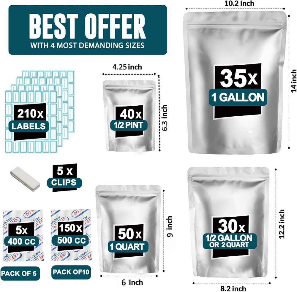 155枚のマイラーバッグ、155個の酸素吸収剤付き-210ラ - Food Storage Labels のレビューと価格