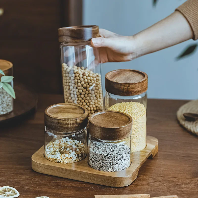 木製蓋付きガラスジャー,気密キャニスター,密閉フード容器,ベ - Food Storage Jar Glass のレビューと価格